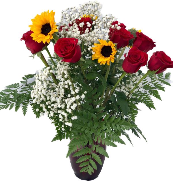 1 Dozen Red Roses w/Sunflower